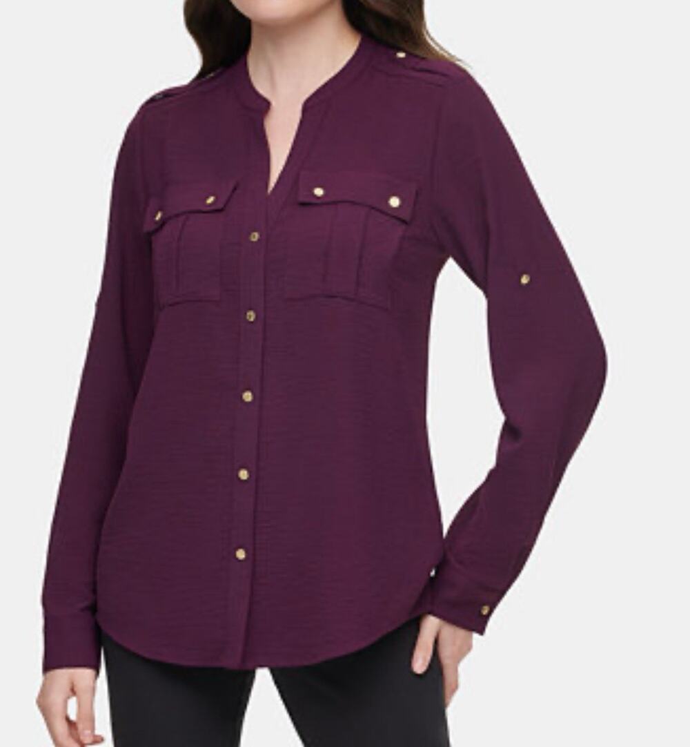 CALVIN KLEIN Textured Roll-Tab Blouse Button Up Shirt S